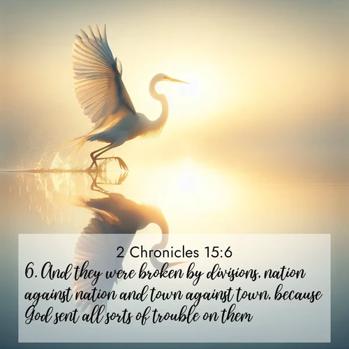 BasicEnglish 2 Chronicles  ; image nature: image with the bible verse :And they were broken by divisions, nation against nation and town against town, because God sent all sorts of trouble on them. ; Discover a gallery of Bible verse images showcasing the beauty of autumn, with golden leaves, red forests, and peaceful fields bathed in soft light. These soothing scenes are perfect for accompanying inspiring verses like KJV 2 Chronicles 15:6. Current verse is overlayed with the thematic nature scene : A great egret lifts from mirror-still water. Sunrise sets its wings ablaze. ; 15:6