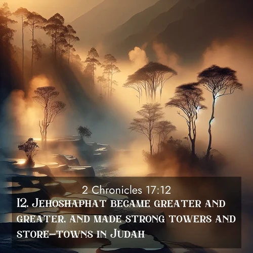 BasicEnglish 2 Chronicles  ; image nature: image with the bible verse :Jehoshaphat became greater and greater, and made strong towers and store-towns in Judah. ; Explore our gallery of inspiring Bible verse images showcasing divine beauty through nature. Download scenic images like snowy peaks, lush meadows, or radiant sunsets paired with verses like KJV 2 Chronicles 17:12. Current verse is overlayed with the thematic nature scene : Morning mist rises from thermal pools. Steam dragons dance in golden light. ; 17:12