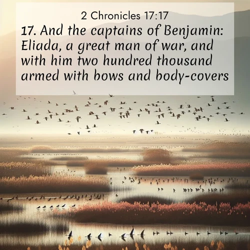BasicEnglish 2 Chronicles  ; image nature: image with the bible verse :And the captains of Benjamin: Eliada, a great man of war, and with him two hundred thousand armed with bows and body-covers; ; Admire Bible verse images illustrated by desert scenes, such as sunsets over dunes, majestic rocks, and solitary cacti. These images capture the majesty of God in arid places. Download and share verses like KJV 2 Chronicles 17:17. Current verse is overlayed with the thematic nature scene : Spring migration fills marshlands with calling birds. ; 17:17