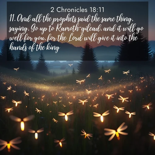 BasicEnglish 2 Chronicles  ; image nature: image with the bible verse :And all the prophets said the same thing, saying, Go up to Ramoth-gilead, and it will go well for you, for the Lord will give it into the hands of the king. ; Discover beautiful Bible verse images that combine inspiring scripture with captivating nature photos. Download high-quality images featuring lush valleys, peaceful streams, and endless horizons like KJV 2 Chronicles 18:11. Current verse is overlayed with the thematic nature scene : Lightning bugs rise from summer meadows at dusk. Their lights dance like earthbound stars. ; 18:11