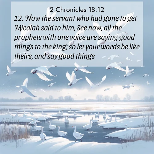 BasicEnglish 2 Chronicles  ; image nature: image with the bible verse :Now the servant who had gone to get Micaiah said to him, See now, all the prophets with one voice are saying good things to the king; so let your words be like theirs, and say good things. ; Explore a unique collection of Bible verses illustrated by winter landscapes, such as snowy mountains, frosty forests, and starry skies. These images capture the peace and beauty of winter. Share verses like KJV 2 Chronicles 18:12. Current verse is overlayed with the thematic nature scene : Snow geese take flight from a winter marsh. Their wings flash white against leaden skies. ; 18:12