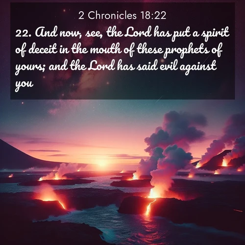 BasicEnglish 2 Chronicles  ; image nature: image with the bible verse :And now, see, the Lord has put a spirit of deceit in the mouth of these prophets of yours; and the Lord has said evil against you. ; Discover Bible images adorned with spring landscapes, like tulip fields, cherry blossoms, and green hills. These bright scenes symbolize God&#039;s renewal and grace. Download verses like KJV 2 Chronicles 18:22. Current verse is overlayed with the thematic nature scene : Lava flows meet the ocean at twilight, sending plumes of steam skyward. Stars emerge one by one above the cosmic display. ; 18:22