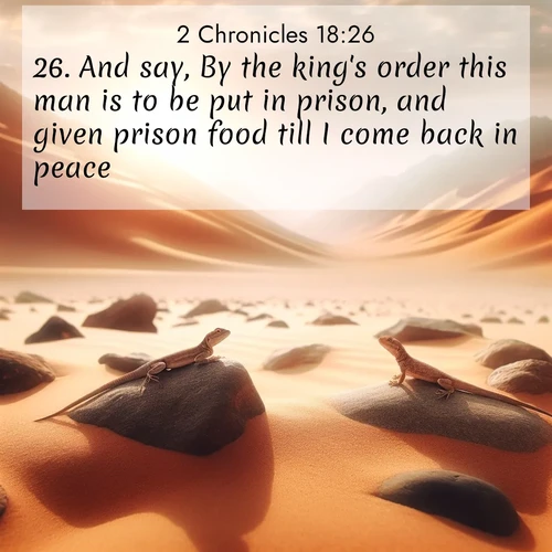 BasicEnglish 2 Chronicles  ; image nature: image with the bible verse :And say, By the king&#039;s order this man is to be put in prison, and given prison food till I come back in peace. ; Explore winter-themed Bible verse images illustrated by snowy mountains, frost-covered branches, and clear skies. These landscapes reflect divine purity and peace. Download verses like KJV 2 Chronicles 18:26. Current verse is overlayed with the thematic nature scene : Desert lizards bask on sun-hot rocks. Heat mirages dance like water. ; 18:26