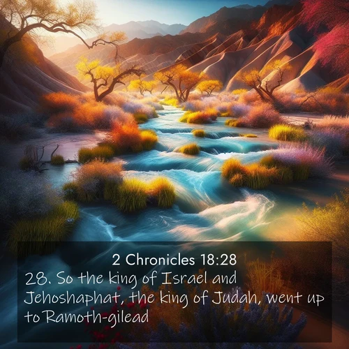 BasicEnglish 2 Chronicles  ; image nature: image with the bible verse :So the king of Israel and Jehoshaphat, the king of Judah, went up to Ramoth-gilead. ; Explore a collection of Bible verses paired with springtime scenes, featuring blooming flowers, lush meadows, and trees in full bloom. These images symbolize divine renewal and hope. Download inspiring verses like KJV 2 Chronicles 18:28. Current verse is overlayed with the thematic nature scene : Spring floods transform desert arroyos into rushing streams. ; 18:28