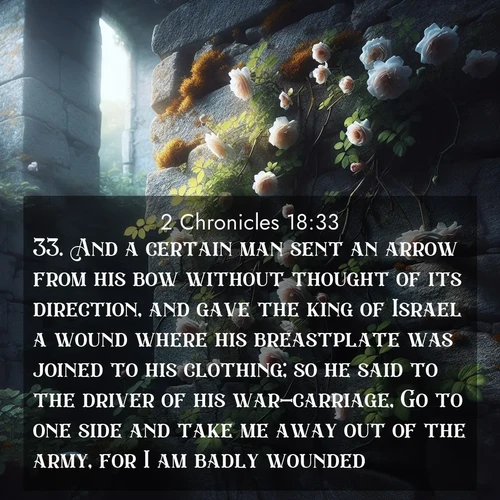 BasicEnglish 2 Chronicles  ; image nature: image with the bible verse :And a certain man sent an arrow from his bow without thought of its direction, and gave the king of Israel a wound where his breastplate was joined to his clothing; so he said to the driver of his war-carriage, Go to one side and take me away out of the army, for I am badly wounded. ; Discover Bible verse images capturing the warmth of summer, with beach landscapes, sunlit fields, and clear skies. These bright scenes reflect divine joy. Share verses like KJV 2 Chronicles 18:33. Current verse is overlayed with the thematic nature scene : Wild roses climb abandoned stone walls. Time stands still in the secret garden. ; 18:33