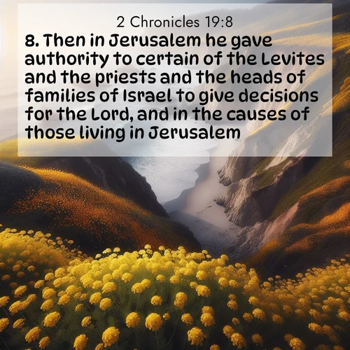 BasicEnglish 2 Chronicles  ; image nature: image with the bible verse :Then in Jerusalem he gave authority to certain of the Levites and the priests and the heads of families of Israel to give decisions for the Lord, and in the causes of those living in Jerusalem. ; Browse a gallery of Bible verses paired with summer scenes, such as golden wheat fields, bright skies, and sunny beaches. These images convey the joy and warmth of God&#039;s creation. Download and share verses like KJV 2 Chronicles 19:8. Current verse is overlayed with the thematic nature scene : Wild mustard carpets coastal cliffs. Ocean waves provide rhythm below. ; 19:8
