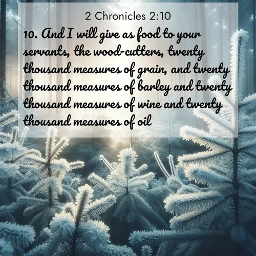 BasicEnglish 2 Chronicles  ; image nature: image with the bible verse :And I will give as food to your servants, the wood-cutters, twenty thousand measures of grain, and twenty thousand measures of barley and twenty thousand measures of wine and twenty thousand measures of oil. ; Explore a rich collection of Bible verse images beautifully illustrated by natural landscapes, such as colorful skies, towering mountains, and tranquil rivers. The images highlight the serenity of God&#039;s creation with vivid tones and carefully chosen typography. Download and share inspiring verses like KJV 2 Chronicles 2:10. Current verse is overlayed with the thematic nature scene : Morning frost rimes every pine needle. Weak winter sun struggles to pierce the forest. ; 2:10