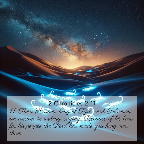 BasicEnglish 2 Chronicles  ; image nature: image with the bible verse :Then Huram, king of Tyre, sent Solomon an answer in writing, saying, Because of his love for his people the Lord has made you king over them. ; Admire Bible images evoking autumn, with warm colors of fallen leaves, harvested fields, and tranquil woods. These inspiring landscapes reflect the transition and beauty of God&#039;s creation. Download verses like KJV 2 Chronicles 2:11. Current verse is overlayed with the thematic nature scene : Desert scorpions glow under black light. Stars wheel in infinite darkness. ; 2:11