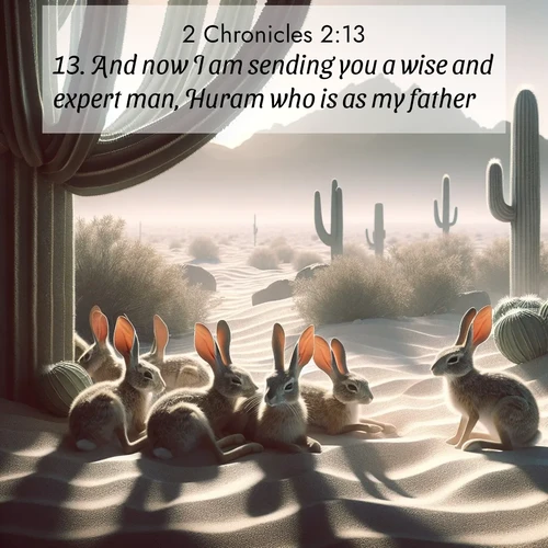 BasicEnglish 2 Chronicles  ; image nature: image with the bible verse :And now I am sending you a wise and expert man, Huram who is as my father, ; Browse a vast collection of Bible verse images featuring awe-inspiring landscapes such as calm lakes, vibrant sunsets, and peaceful fields. Download them for free and enjoy verses like KJV 2 Chronicles 2:13. Current verse is overlayed with the thematic nature scene : Desert jackrabbits rest in cactus shade. Heat waves distort distant peaks. ; 2:13