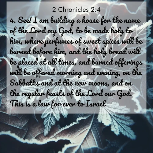 BasicEnglish 2 Chronicles  ; image nature: image with the bible verse :See! I am building a house for the name of the Lord my God, to be made holy to him, where perfumes of sweet spices will be burned before him, and the holy bread will be placed at all times, and burned offerings will be offered morning and evening, on the Sabbaths and at the new moons, and on the regular feasts of the Lord our God. This is a law for ever to Israel. ; Browse our collection of vibrant Bible verse images set against calming backdrops like tropical shores, quiet woods, and majestic mountains. Download free wallpapers featuring KJV 2 Chronicles 2:4. Current verse is overlayed with the thematic nature scene : Winter frost creates delicate patterns on fallen leaves. ; 2:4