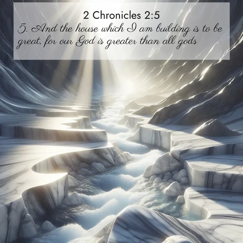 BasicEnglish 2 Chronicles  ; image nature: image with the bible verse :And the house which I am building is to be great, for our God is greater than all gods. ; Explore beautiful Bible verse images paired with serene natural settings, such as calm seas, snowy paths, and verdant hills. Each image is free to download for your spiritual inspiration. Share KJV 2 Chronicles 2:5. Current verse is overlayed with the thematic nature scene : Mountain streams carve marble smooth. Sunlight dances on clear pools. ; 2:5