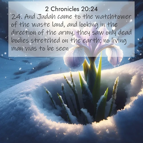 BasicEnglish 2 Chronicles  ; image nature: image with the bible verse :And Judah came to the watchtower of the waste land, and looking in the direction of the army, they saw only dead bodies stretched on the earth; no living man was to be seen. ; Discover breathtaking Bible verse images combined with vibrant landscapes like rolling hills, blooming gardens, and starry nights. Use them as wallpapers or to inspire others. Download verses like KJV 2 Chronicles 20:24. Current verse is overlayed with the thematic nature scene : Wild iris breaks through spring snow. Alpine light ignites petals. ; 20:24
