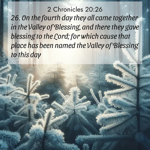 BasicEnglish 2 Chronicles  ; image nature: image with the bible verse :On the fourth day they all came together in the Valley of Blessing, and there they gave blessing to the Lord; for which cause that place has been named the Valley of Blessing to this day. ; Explore Bible verse images beautifully illustrated with spring scenes, such as blooming meadows, trees in full bloom, and tranquil streams. These landscapes convey divine hope and vitality. Download and share verses like KJV 2 Chronicles 20:26. Current verse is overlayed with the thematic nature scene : Morning frost rimes every pine needle. Weak winter sun struggles to pierce the forest. ; 20:26