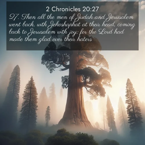 BasicEnglish 2 Chronicles  ; image nature: image with the bible verse :Then all the men of Judah and Jerusalem went back, with Jehoshaphat at their head, coming back to Jerusalem with joy; for the Lord had made them glad over their haters. ; Explore Bible verse images beautifully illustrated with spring scenes, such as blooming meadows, trees in full bloom, and tranquil streams. These landscapes convey divine hope and vitality. Download and share verses like KJV 2 Chronicles 20:27. Current verse is overlayed with the thematic nature scene : A giant sequoia reaches through morning fog. Centuries of growth stretch skyward in silent majesty. ; 20:27