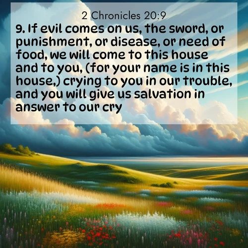 BasicEnglish 2 Chronicles  ; image nature: image with the bible verse :If evil comes on us, the sword, or punishment, or disease, or need of food, we will come to this house and to you, (for your name is in this house,) crying to you in our trouble, and you will give us salvation in answer to our cry. ; Explore Bible verse images beautifully illustrated with spring scenes, such as blooming meadows, trees in full bloom, and tranquil streams. These landscapes convey divine hope and vitality. Download and share verses like KJV 2 Chronicles 20:9. Current verse is overlayed with the thematic nature scene : Summer thunderheads build over grasslands dotted with wildflowers. ; 20:9