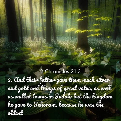 BasicEnglish 2 Chronicles  ; image nature: image with the bible verse :And their father gave them much silver and gold and things of great value, as well as walled towns in Judah; but the kingdom he gave to Jehoram, because he was the oldest. ; Browse a vast collection of Bible verse images featuring awe-inspiring landscapes such as calm lakes, vibrant sunsets, and peaceful fields. Download them for free and enjoy verses like KJV 2 Chronicles 21:3. Current verse is overlayed with the thematic nature scene : Wild trillium carpets the forest floor. Sunlight filters green through new spring leaves. ; 21:3