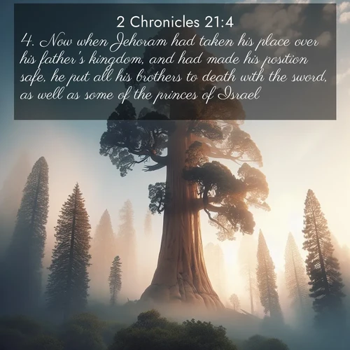 BasicEnglish 2 Chronicles  ; image nature: image with the bible verse :Now when Jehoram had taken his place over his father&#039;s kingdom, and had made his position safe, he put all his brothers to death with the sword, as well as some of the princes of Israel. ; Explore Bible verses combined with serene beach photos, desert dunes, and infinite skies, highlighting God&#039;s majesty in every landscape. Download and share inspiring verses like KJV 2 Chronicles 21:4. Current verse is overlayed with the thematic nature scene : A giant sequoia reaches through morning fog. Centuries of growth stretch skyward in silent majesty. ; 21:4