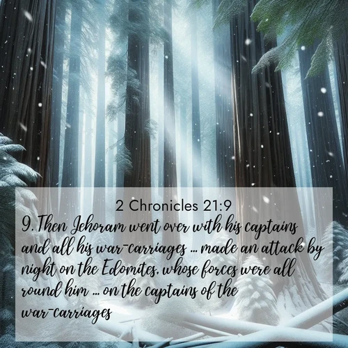 BasicEnglish 2 Chronicles  ; image nature: image with the bible verse :Then Jehoram went over with his captains and all his war-carriages ... made an attack by night on the Edomites, whose forces were all round him ... on the captains of the war-carriages. ; Discover a gallery of Bible verse images showcasing the beauty of autumn, with golden leaves, red forests, and peaceful fields bathed in soft light. These soothing scenes are perfect for accompanying inspiring verses like KJV 2 Chronicles 21:9. Current verse is overlayed with the thematic nature scene : Snow falls silently on ancient redwoods. Shafts of light pierce through to illuminate the forest floor. ; 21:9