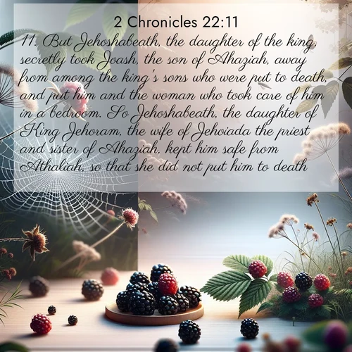 BBE 2 Chronicles 22:11 overlaying nature image scene: Wild blackberries ripen in secret hollows. Morning spider webs catch dew like diamonds.;11. But Jehoshabeath, the daughter of the king, secretly took Joash, the son of Ahaziah, away from among the king's sons who were put to death, and put him and the woman who took care of him in a bedroom. So Jehoshabeath, the daughter of King Jehoram, the wife of Jehoiada the priest and sister of Ahaziah, kept him safe from Athaliah, so that she did not put him to death.