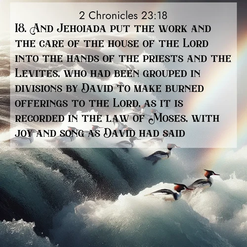 BasicEnglish 2 Chronicles  ; image nature: image with the bible verse :And Jehoiada put the work and the care of the house of the Lord into the hands of the priests and the Levites, who had been grouped in divisions by David to make burned offerings to the Lord, as it is recorded in the law of Moses, with joy and song as David had said. ; Download inspiring Bible verse images featuring stunning natural vistas, from tropical islands to rolling hills. These free images make perfect wallpapers or gifts. Share verses like KJV 2 Chronicles 23:18. Current verse is overlayed with the thematic nature scene : Wild mergansers ride white water rapids. Spray creates endless rainbows. ; 23:18