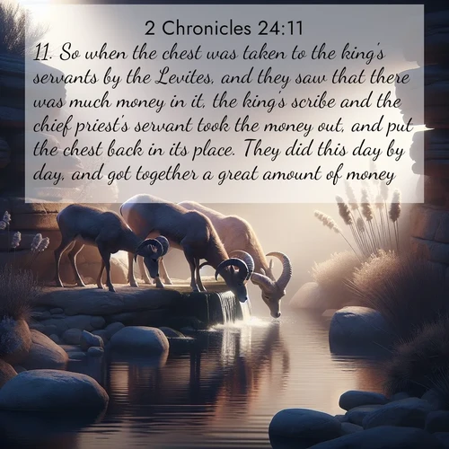 BasicEnglish 2 Chronicles  ; image nature: image with the bible verse :So when the chest was taken to the king&#039;s servants by the Levites, and they saw that there was much money in it, the king&#039;s scribe and the chief priest&#039;s servant took the money out, and put the chest back in its place. They did this day by day, and got together a great amount of money. ; Discover a unique collection of Bible verses adorned with winter landscapes, such as snow-covered forests, gently falling snowflakes, and pristine mountains. These images evoke the peace and purity of God&#039;s creation. Share verses like KJV 2 Chronicles 24:11. Current verse is overlayed with the thematic nature scene : Desert bighorns drink from hidden springs. Time flows like water through stone. ; 24:11