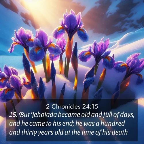 BasicEnglish 2 Chronicles  ; image nature: image with the bible verse :But Jehoiada became old and full of days, and he came to his end; he was a hundred and thirty years old at the time of his death. ; Browse Bible images illustrated by desert landscapes, with endless skies, golden dunes, and isolated palm trees. These images evoke the calm and grandeur of God&#039;s creation. Download inspiring verses like KJV 2 Chronicles 24:15. Current verse is overlayed with the thematic nature scene : Wild iris blooms pierce through melting snow. Alpine sunlight ignites their petals. ; 24:15