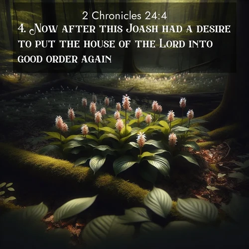 BasicEnglish 2 Chronicles  ; image nature: image with the bible verse :Now after this Joash had a desire to put the house of the Lord into good order again; ; Discover our unique collection of Bible verse images integrated with photos showcasing the majesty of nature, such as rocky mountains, ancient trees, and crystal-clear lakes. These images feature luminous colors and text in varied fonts, reflecting the harmony of God&#039;s creation. Download verses like KJV 2 Chronicles 24:4. Current verse is overlayed with the thematic nature scene : Wild ginger blooms hidden in forest shadows. Filtered sunlight reveals their secret beauty. ; 24:4