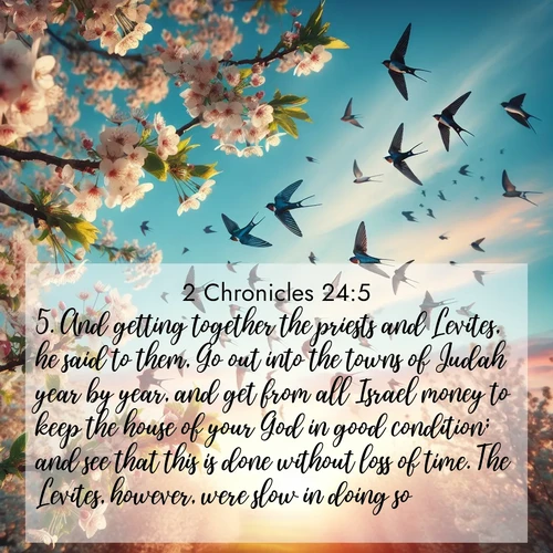 BasicEnglish 2 Chronicles  ; image nature: image with the bible verse :And getting together the priests and Levites, he said to them, Go out into the towns of Judah year by year, and get from all Israel money to keep the house of your God in good condition; and see that this is done without loss of time. The Levites, however, were slow in doing so. ; Admire Bible images evoking autumn, with warm colors of fallen leaves, harvested fields, and tranquil woods. These inspiring landscapes reflect the transition and beauty of God&#039;s creation. Download verses like KJV 2 Chronicles 24:5. Current verse is overlayed with the thematic nature scene : Spring migration fills the sky with countless swallows. ; 24:5