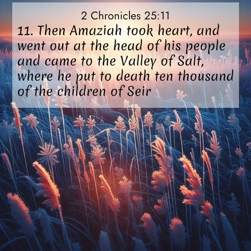 BasicEnglish 2 Chronicles  ; image nature: image with the bible verse :Then Amaziah took heart, and went out at the head of his people and came to the Valley of Salt, where he put to death ten thousand of the children of Seir; ; Browse a large collection of Bible verse images with photos showcasing the splendor of nature. Scenes of peaceful rivers, verdant valleys, and radiant skies enhance the inspiring verses. Each image reflects the serenity and joy of God&#039;s creation, with elegant text fonts. Download and share verses such as KJV 2 Chronicles 25:11. Current verse is overlayed with the thematic nature scene : Winter sunrise illuminates frost-covered prairie grass. ; 25:11
