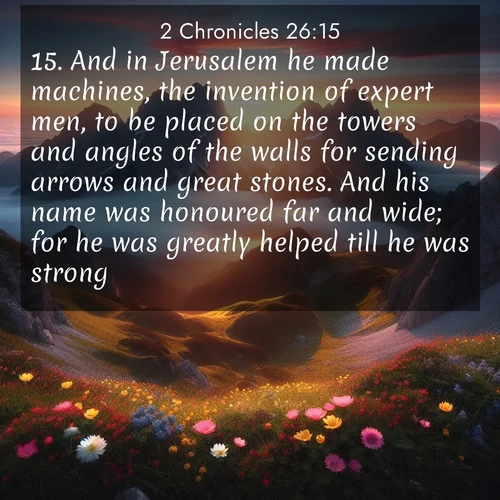 BBE 2 Chronicles 26:15 overlaying nature image scene: Jagged peaks pierce through low-hanging clouds at sunrise. Alpine flowers dot the meadow below with splashes of color.;15. And in Jerusalem he made machines, the invention of expert men, to be placed on the towers and angles of the walls for sending arrows and great stones. And his name was honoured far and wide; for he was greatly helped till he was strong.
