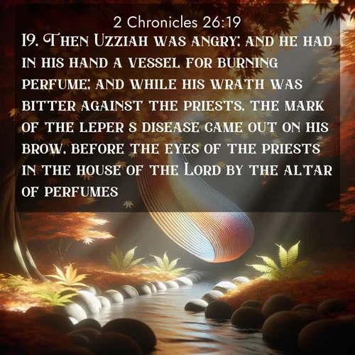 BBE 2 Chronicles 26:19 overlaying nature image scene: Autumn leaves spiral through shafts of light. A hidden stream provides gentle music.;19. Then Uzziah was angry; and he had in his hand a vessel for burning perfume; and while his wrath was bitter against the priests, the mark of the leper's disease came out on his brow, before the eyes of the priests in the house of the Lord by the altar of perfumes.