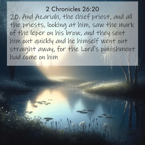 BBE 2 Chronicles 26:20 overlaying nature image scene: Spring peepers call from a pond reflecting the first evening stars.;20. And Azariah, the chief priest, and all the priests, looking at him, saw the mark of the leper on his brow, and they sent him out quickly and he himself went out straight away, for the Lord's punishment had come on him.