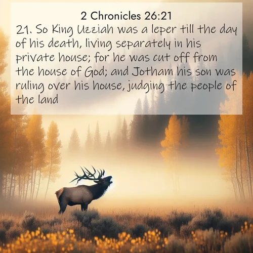 BBE 2 Chronicles 26:21 overlaying nature image scene: A bull elk bugles across a misty valley. Aspen leaves quake golden in response.;21. So King Uzziah was a leper till the day of his death, living separately in his private house; for he was cut off from the house of God; and Jotham his son was ruling over his house, judging the people of the land.