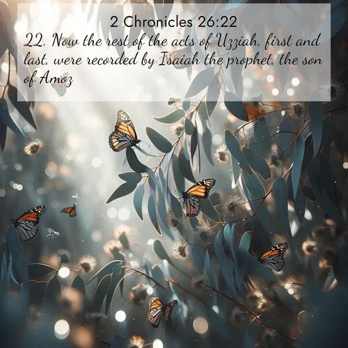 BBE 2 Chronicles 26:22 overlaying nature image scene: Monarch butterflies cluster on eucalyptus branches in winter sun.;22. Now the rest of the acts of Uzziah, first and last, were recorded by Isaiah the prophet, the son of Amoz.