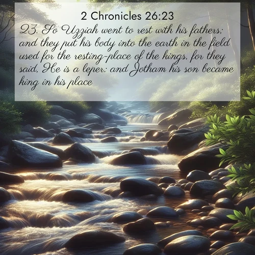 BasicEnglish 2 Chronicles  ; image nature: image with the bible verse :So Uzziah went to rest with his fathers; and they put his body into the earth in the field used for the resting-place of the kings, for they said, He is a leper: and Jotham his son became king in his place. ; Discover our unique collection of Bible verse images integrated with photos showcasing the majesty of nature, such as rocky mountains, ancient trees, and crystal-clear lakes. These images feature luminous colors and text in varied fonts, reflecting the harmony of God&#039;s creation. Download verses like KJV 2 Chronicles 26:23. Current verse is overlayed with the thematic nature scene : A mountain stream tumbles over smooth rocks between banks of mountain laurel. ; 26:23