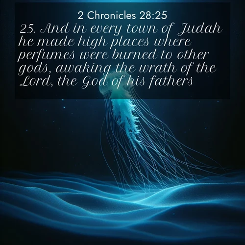 BBE 2 Chronicles 28:25 overlaying nature image scene: A lone jellyfish pulses through midnight waters. Its bioluminescent tendrils paint trails of azure light in the depths.;25. And in every town of Judah he made high places where perfumes were burned to other gods, awaking the wrath of the Lord, the God of his fathers.
