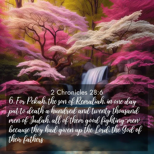 BBE 2 Chronicles 28:6 overlaying nature image scene: A spring cascade plunges into a pool surrounded by flowering dogwood.;6. For Pekah, the son of Remaliah, in one day put to death a hundred and twenty thousand men of Judah, all of them good fighting-men; because they had given up the Lord, the God of their fathers.