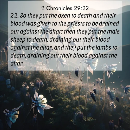 BasicEnglish 2 Chronicles  ; image nature: image with the bible verse :So they put the oxen to death and their blood was given to the priests to be drained out against the altar; then they put the male sheep to death, draining out their blood against the altar, and they put the lambs to death, draining out their blood against the altar. ; Discover breathtaking Bible verse images combined with vibrant landscapes like rolling hills, blooming gardens, and starry nights. Use them as wallpapers or to inspire others. Download verses like KJV 2 Chronicles 29:22. Current verse is overlayed with the thematic nature scene : Wild columbines dance on impossibly thin stems. Mountain breezes carry their perfume. ; 29:22