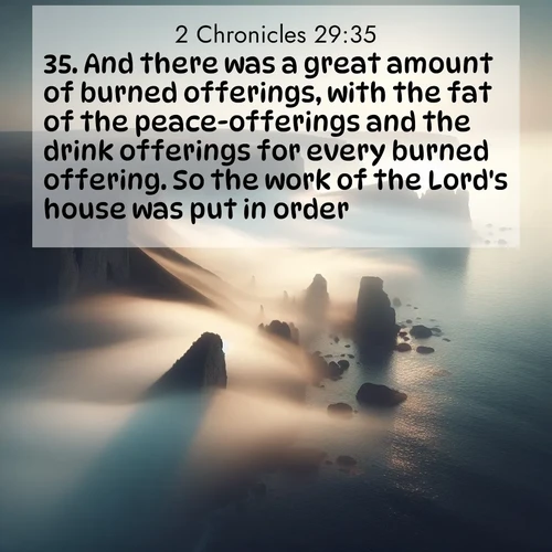 BasicEnglish 2 Chronicles  ; image nature: image with the bible verse :And there was a great amount of burned offerings, with the fat of the peace-offerings and the drink offerings for every burned offering. So the work of the Lord&#039;s house was put in order. ; Browse an inspiring gallery of Bible verse images with nature photos, such as blooming gardens, golden deserts, and shaded forests. The chosen images capture the peaceful and joyful essence of God&#039;s creation, with vibrant colors and harmonious fonts. Share verses like KJV 2 Chronicles 29:35. Current verse is overlayed with the thematic nature scene : Coastal fog reveals and conceals seaside cliffs. ; 29:35