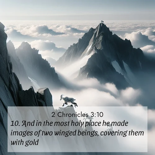 BasicEnglish 2 Chronicles  ; image nature: image with the bible verse :And in the most holy place he made images of two winged beings, covering them with gold. ; Admire our free collection of Bible verse images with beautiful landscapes like sunlit forests, rippling waters, and radiant dawns. Each verse, such as KJV 2 Chronicles 3:10, is ready to download and share. Current verse is overlayed with the thematic nature scene : Mountain goats navigate impossible peaks. Clouds swirl beneath their sure feet. ; 3:10