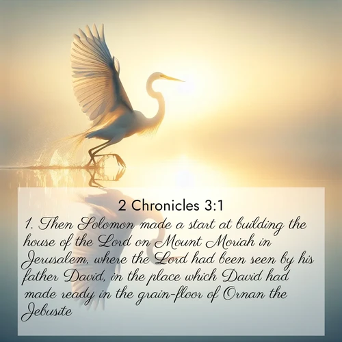 BasicEnglish 2 Chronicles  ; image nature: image with the bible verse :Then Solomon made a start at building the house of the Lord on Mount Moriah in Jerusalem, where the Lord had been seen by his father David, in the place which David had made ready in the grain-floor of Ornan the Jebusite. ; Explore a gallery of beautiful Bible verse images with tranquil natural settings—perfect for phone backgrounds or inspirational posts. Download your favorite verses like KJV 2 Chronicles 3:1 today. Current verse is overlayed with the thematic nature scene : A great egret lifts from mirror-still water. Sunrise sets its wings ablaze. ; 3:1