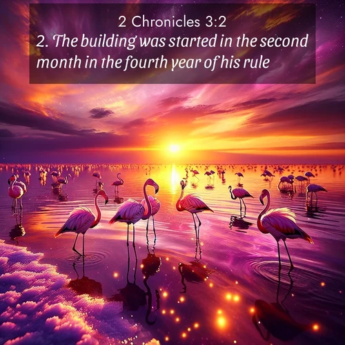 BasicEnglish 2 Chronicles  ; image nature: image with the bible verse :The building was started in the second month in the fourth year of his rule. ; Admire Bible verse images featuring tranquil rivers, golden fields, and starry heavens. These free-to-download images make inspiring wallpapers or thoughtful gifts. Download KJV 2 Chronicles 3:2 now. Current verse is overlayed with the thematic nature scene : Wild flamingos wade through salt lake shallows. Sunset turns the water to liquid gold. ; 3:2