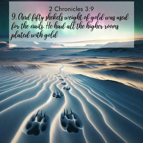 BasicEnglish 2 Chronicles  ; image nature: image with the bible verse :And fifty shekels weight of gold was used for the nails. He had all the higher rooms plated with gold. ; Discover inspiring Bible verse images featuring natural wonders like lush forests, sunny horizons, and cascading waterfalls. Perfect for wallpapers or spiritual encouragement. Download verses like KJV 2 Chronicles 3:9. Current verse is overlayed with the thematic nature scene : Arctic fox tracks cross windswept tundra. Northern lights pulse overhead in cosmic rhythm. ; 3:9