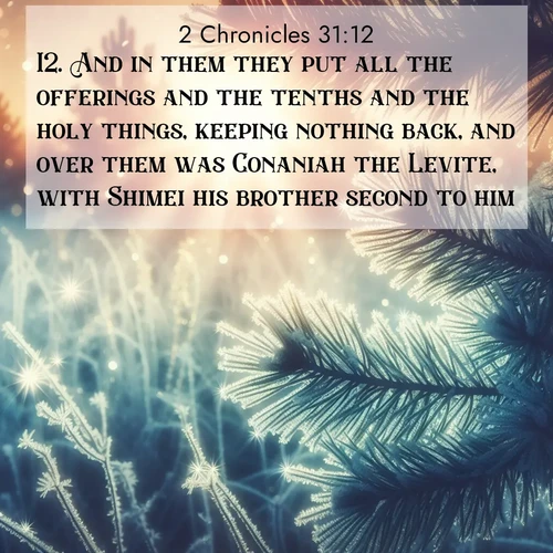 BasicEnglish 2 Chronicles  ; image nature: image with the bible verse :And in them they put all the offerings and the tenths and the holy things, keeping nothing back, and over them was Conaniah the Levite, with Shimei his brother second to him. ; Explore Bible verses combined with serene beach photos, desert dunes, and infinite skies, highlighting God&#039;s majesty in every landscape. Download and share inspiring verses like KJV 2 Chronicles 31:12. Current verse is overlayed with the thematic nature scene : Morning frost rimes every needle. Weak sun struggles through branches. ; 31:12