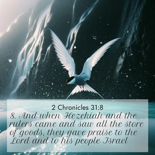 BasicEnglish 2 Chronicles  ; image nature: image with the bible verse :And when Hezekiah and the rulers came and saw all the store of goods, they gave praise to the Lord and to his people Israel. ; Explore serene Bible verse images adorned with photos of divine creation—tranquil beaches, snowy mountains, and starry skies. Each image is free to download and share. Verses include KJV 2 Chronicles 31:8. Current verse is overlayed with the thematic nature scene : Arctic terns dive through sea spray above turquoise glacial meltwater. Their white wings flash silver against obsidian cliffs. ; 31:8