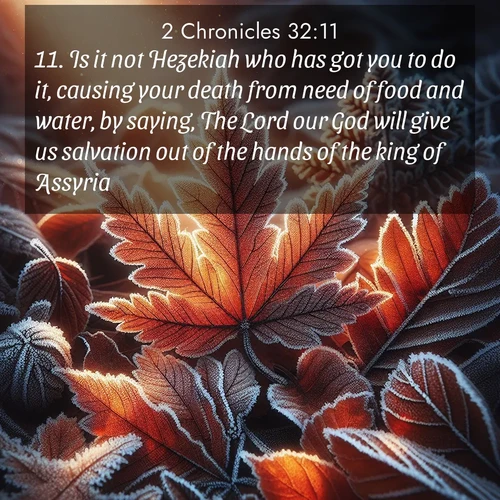BasicEnglish 2 Chronicles  ; image nature: image with the bible verse :Is it not Hezekiah who has got you to do it, causing your death from need of food and water, by saying, The Lord our God will give us salvation out of the hands of the king of Assyria? ; Explore free Bible verse images with stunning nature themes, including sunlit paths, forest clearings, and endless horizons. Perfect for desktop backgrounds or phone wallpapers. Verses include KJV 2 Chronicles 32:11. Current verse is overlayed with the thematic nature scene : Autumn frost rims fallen leaves with crystal. ; 32:11