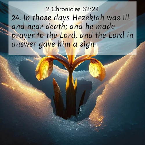 BasicEnglish 2 Chronicles  ; image nature: image with the bible verse :In those days Hezekiah was ill and near death; and he made prayer to the Lord, and the Lord in answer gave him a sign. ; Admire Bible images evoking autumn, with warm colors of fallen leaves, harvested fields, and tranquil woods. These inspiring landscapes reflect the transition and beauty of God&#039;s creation. Download verses like KJV 2 Chronicles 32:24. Current verse is overlayed with the thematic nature scene : Wild iris breaks through melting snow. Alpine light ignites its petals. ; 32:24