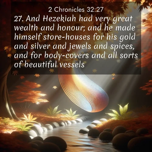BasicEnglish 2 Chronicles  ; image nature: image with the bible verse :And Hezekiah had very great wealth and honour; and he made himself store-houses for his gold and silver and jewels and spices, and for body-covers and all sorts of beautiful vessels. ; Discover our unique collection of Bible verse images integrated with photos showcasing the majesty of nature, such as rocky mountains, ancient trees, and crystal-clear lakes. These images feature luminous colors and text in varied fonts, reflecting the harmony of God&#039;s creation. Download verses like KJV 2 Chronicles 32:27. Current verse is overlayed with the thematic nature scene : Autumn leaves spiral through shafts of light. A hidden stream provides gentle music. ; 32:27