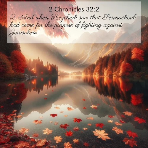 BasicEnglish 2 Chronicles  ; image nature: image with the bible verse :And when Hezekiah saw that Sennacherib had come for the purpose of fighting against Jerusalem, ; Browse a vast collection of Bible verse images featuring awe-inspiring landscapes such as calm lakes, vibrant sunsets, and peaceful fields. Download them for free and enjoy verses like KJV 2 Chronicles 32:2. Current verse is overlayed with the thematic nature scene : Autumn leaves scatter across mirror-like mountain lakes. ; 32:2