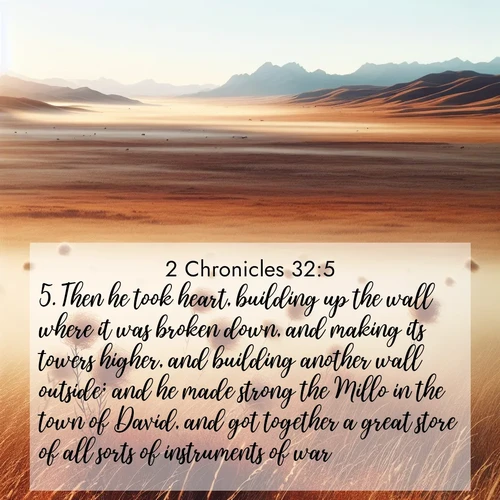 BasicEnglish 2 Chronicles  ; image nature: image with the bible verse :Then he took heart, building up the wall where it was broken down, and making its towers higher, and building another wall outside; and he made strong the Millo in the town of David, and got together a great store of all sorts of instruments of war. ; Admire our gallery of Bible verse images paired with serene nature photography, featuring starlit skies, golden sands, and blooming wildflowers. Download and share verses like KJV 2 Chronicles 32:5. Current verse is overlayed with the thematic nature scene : Autumn wind sends tumbleweeds dancing across the prairie. ; 32:5
